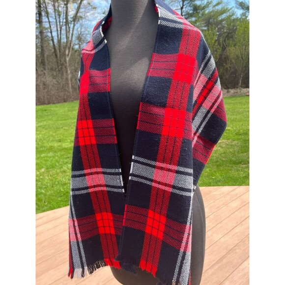 Vtg 1970' Scarf Navy Red White Scottish Plaid Made In USA 100% Superfine Acrylic - Picture 1 of 10